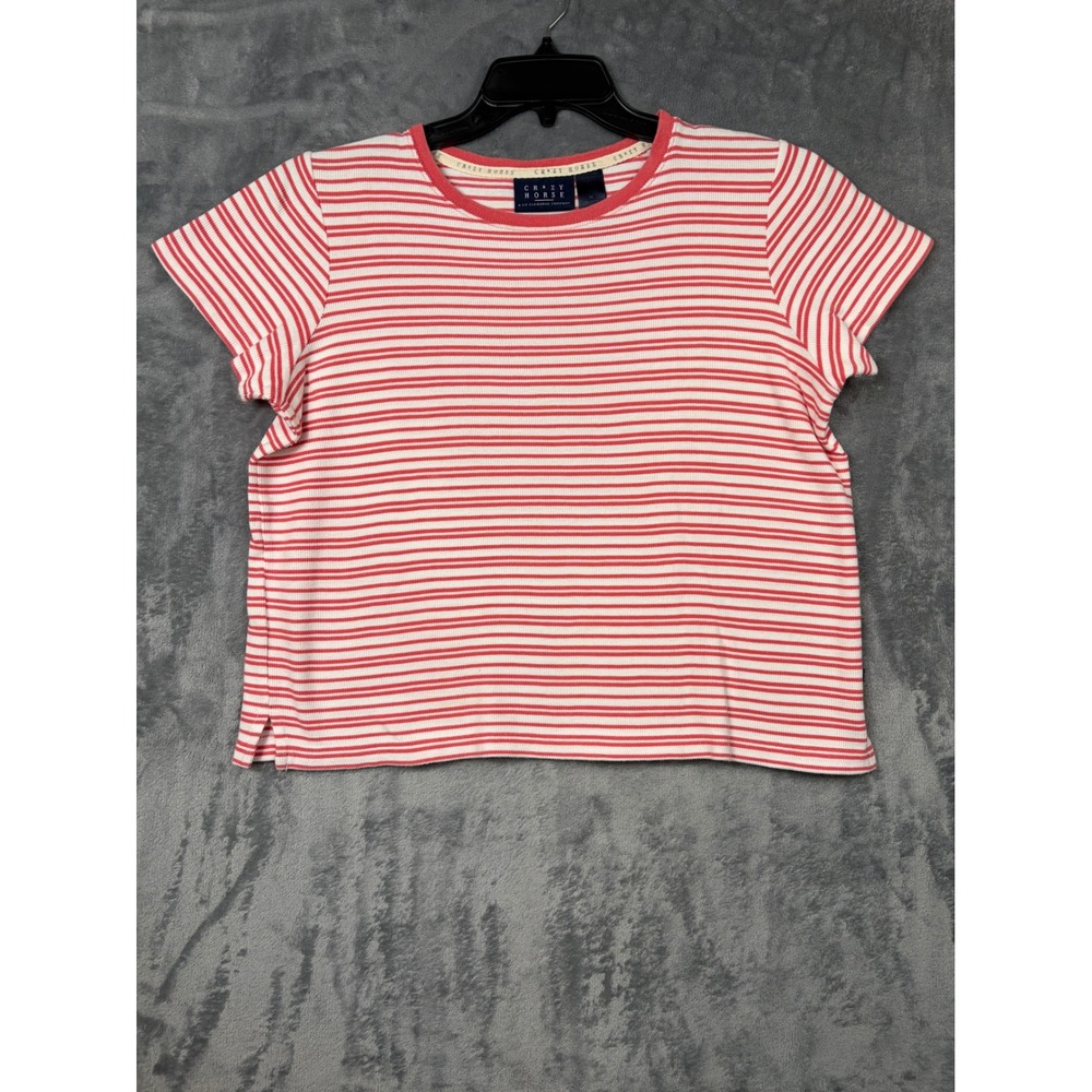 Crazy Horse Liz Claiborne Red White Striped Ribbed Short Sleeve Top Medium